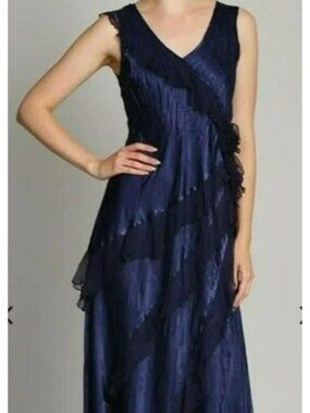 Komarov $510 Blue Sleeveless Maxi Dress Rosette Asymmetric Ruffle 90s Whimsigoth